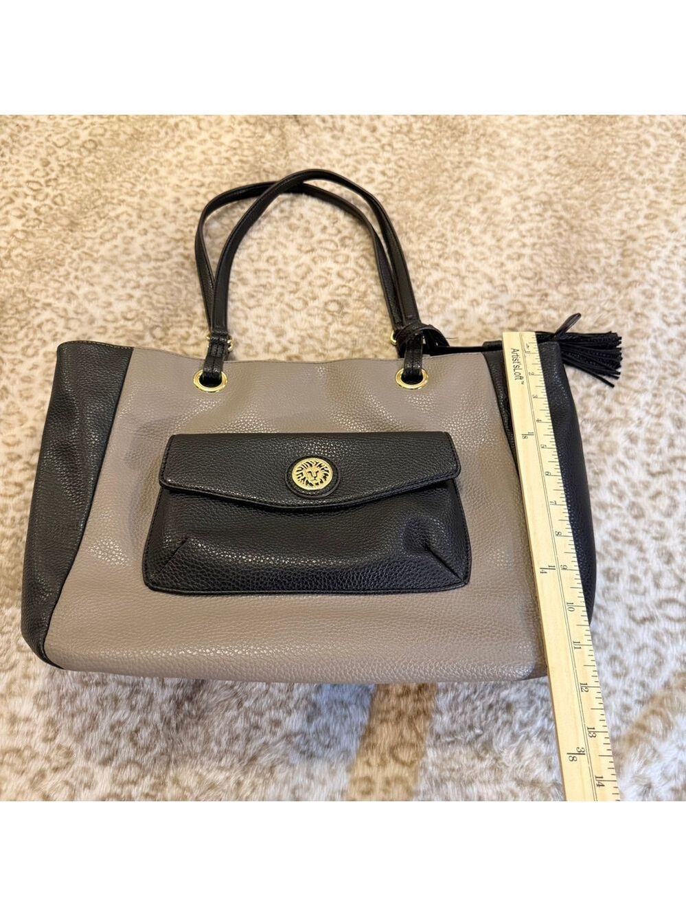 Anne‎ Klein Black Taupe Pebbled Tote Bag Work Purse Large Tassel Officecore - Picture 6 of 6